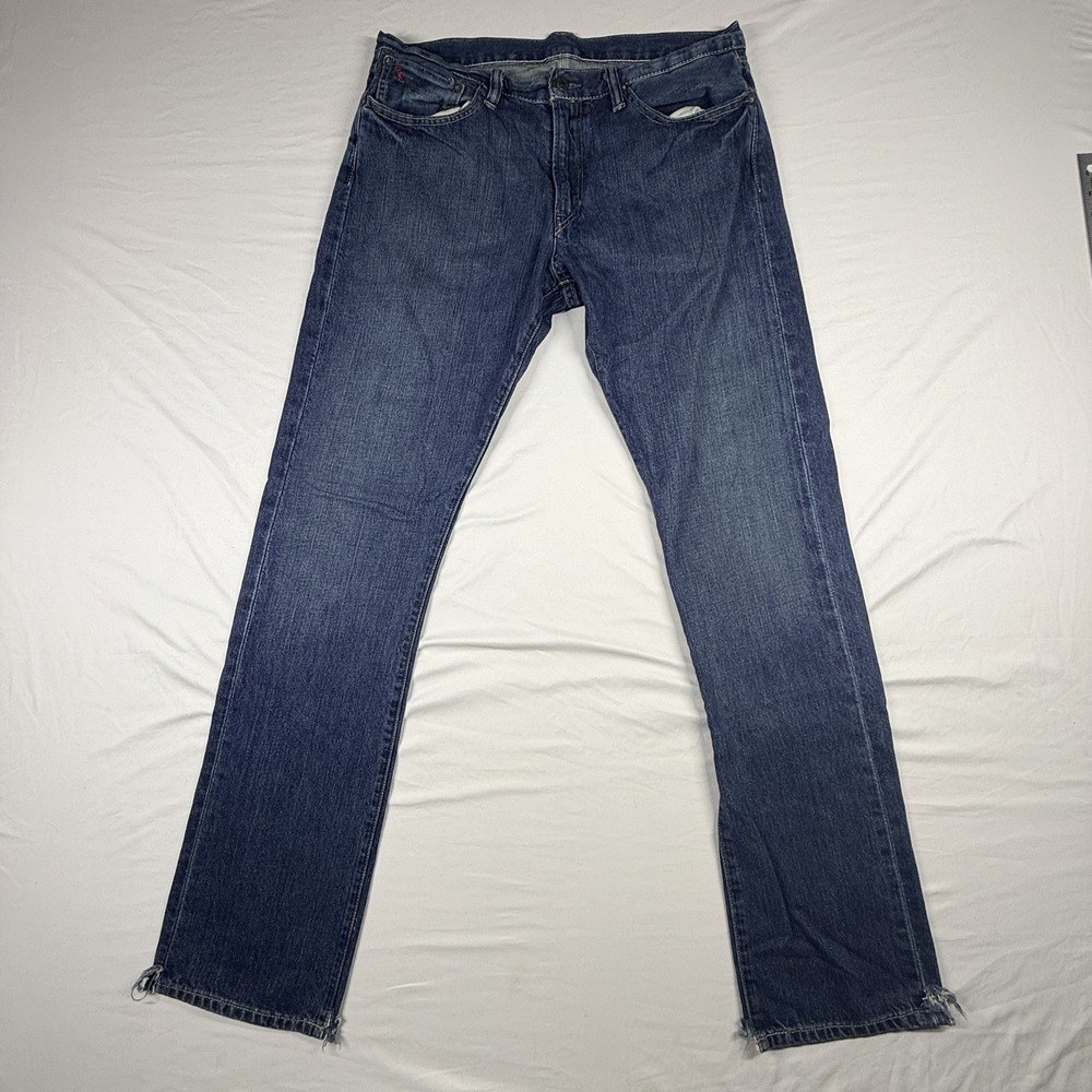 Polo Ralph Lauren 018 Slim Straight Jeans Mens 34x34 Medium Wash Denim Slit Hems